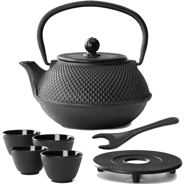 asiatisches schwarzes Teekannen Set Jang Gusseisen mit Untersetzer & Deckelheber 0,8 Liter / 4 Stück