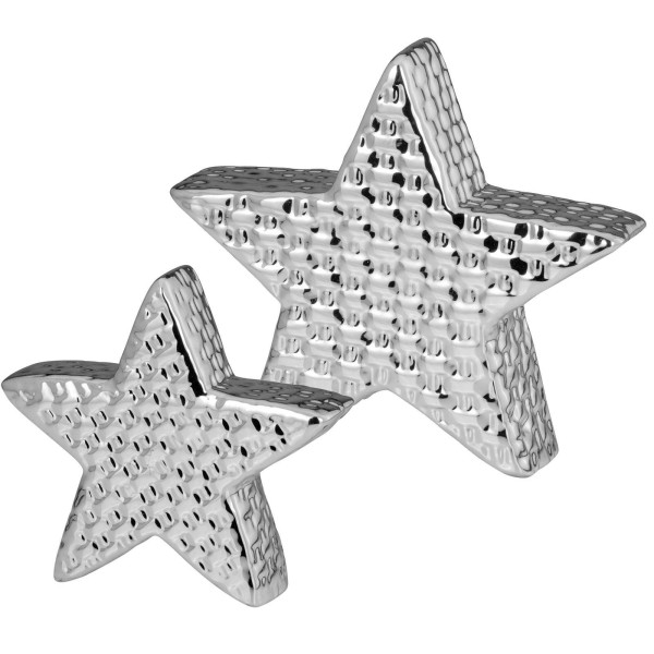 Deko Sternen Set ca. 16 & 12 cm silberne Porzellan Dekofiguren in Sternform zum Stellen