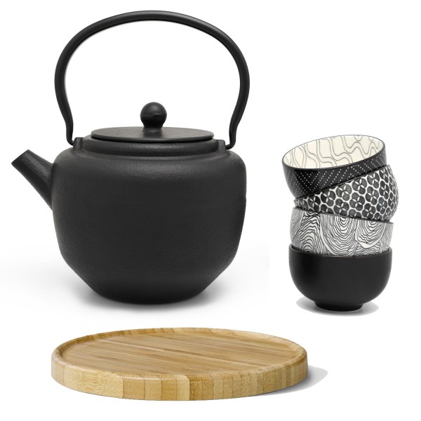 schwarzes asiatisches Guss Teekannen Set 1.3 L mit 4 Porzellan-Teebecher & braunem Holzuntersetzer