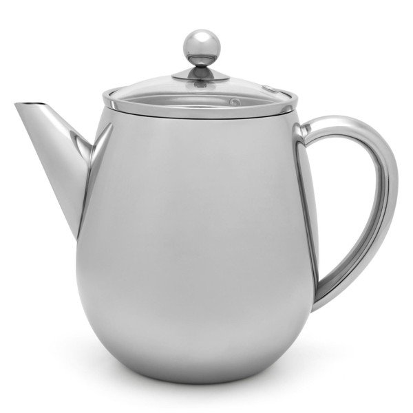 Bredemeijer doppelwandige Teekanne 1.1 Liter - silberne Edelstahl Kanne mit Glasdeckel