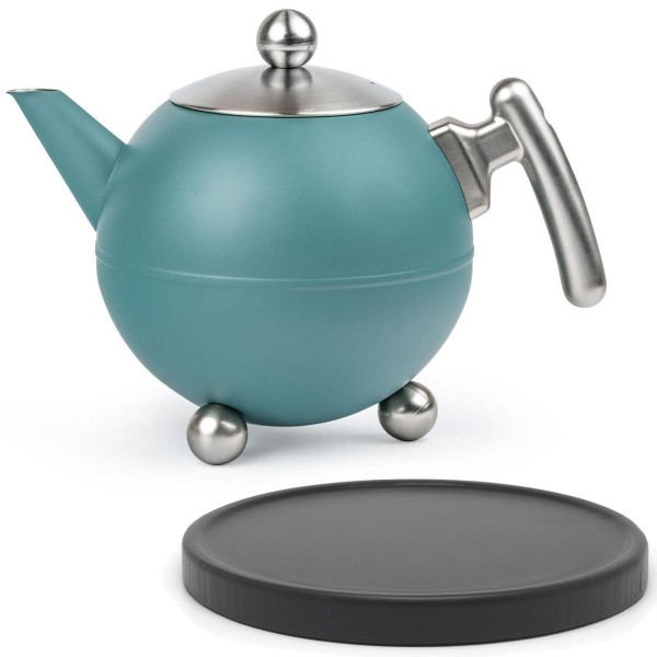 Bredemeijer doppelwandige Teekanne 1,2 Liter Edelstahl türkis inkl. Holzuntersetzer schwarz