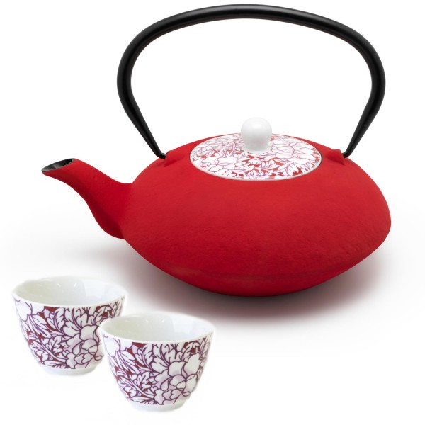 Bredemeijer große rote asiatische gusseiserne Teekanne 1.2 Liter mit Porzellan Teebechern