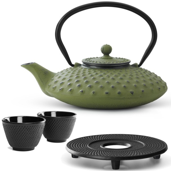 Bredemeijer Guss Teekanne 800 ml grün Teekannen Set mit Gusseisen Untersetzer & 2 Teebecher