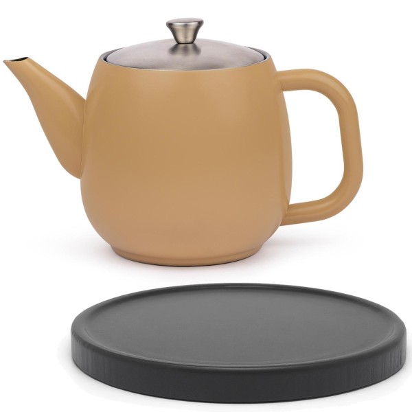 Bredemeijer Edelstahl Teekanne 0,9 Liter doppelwandig hellbraun Kanne mit Filter & Untersetzer schwarz