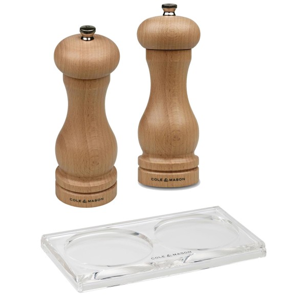 Cole & Mason großes 3-tlg. Holz Salz- & Pfeffermühlen Set 16.5 cm gebeiztes Buchenholz & Acryl Tablett