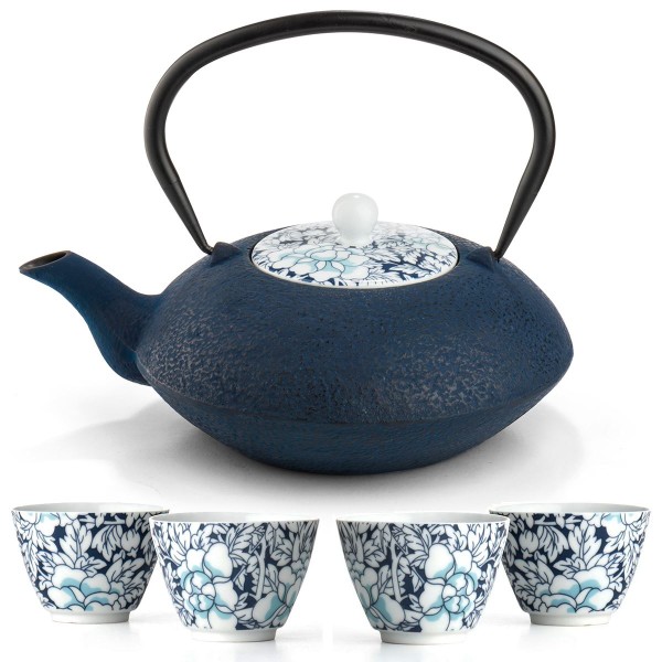 Teekanne Set Gusseisen Teekessel Kessel 1,2 Liter asiatisch & 4 Becher blau