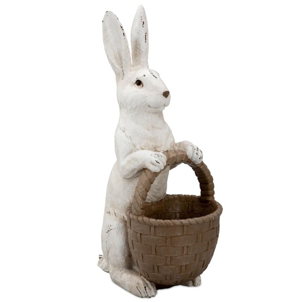 großer weißer XL Deko Hase mit Korb 41.8 cm hoch aus Kunststein - Art.-Nr. 6320