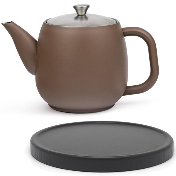 Bredemeijer Teekanne 0,9 Liter doppelwandig Edelstahl dunkelbraun Kanne mit Filter & Untersetzer schwarz