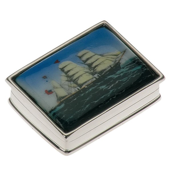 kleine rechteckige echt 925 silberne Pillendose Motiv Schiff 3.5x2.5 cm