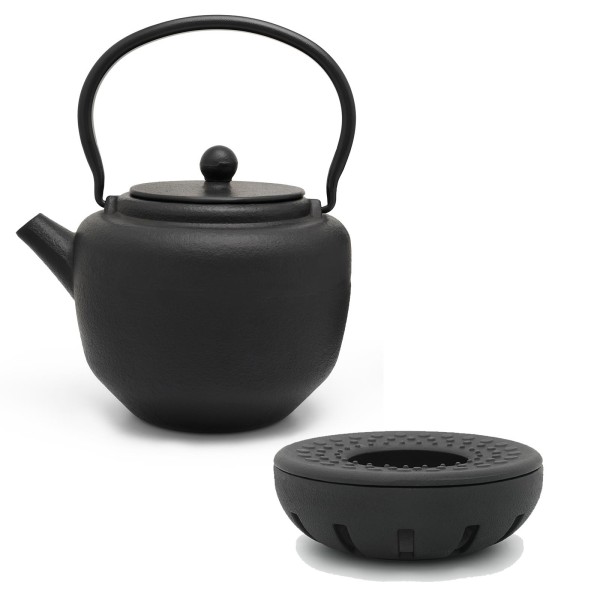 schwarzes asiatisches Guss Teekannen Set 1.3 Liter mit Teewärmer aus Gusseisen