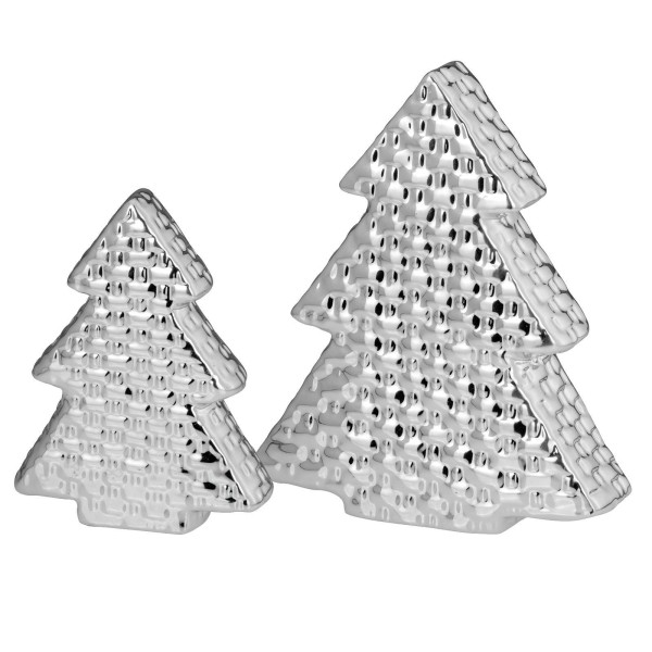 Deko Tannenbaum Set 20 & 12 cm aus Porzellan silberne Weihnachtsbäume in Glanz-Optik