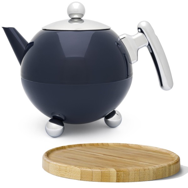 große blaue bauchige doppelwandige Edelstahl Teekanne 1.2 Liter & brauner Holzuntersetzer
