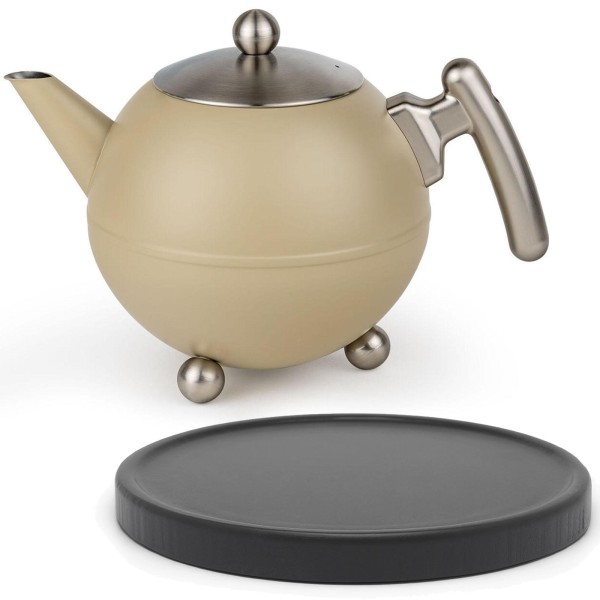 Bredemeijer Edelstahl Teekanne 1,2 Liter doppelwandig sandfarben inkl. Holzuntersetzer schwarz