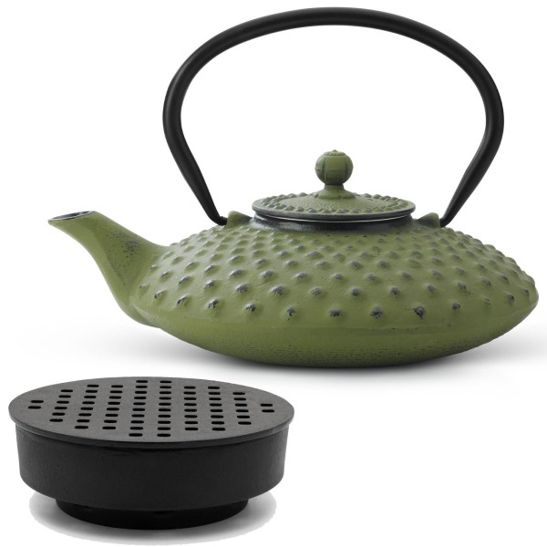 Bredemeijer grünes Gusseisen Teekannen Set - asiatischer Teebereiter mit gelochtem Guss-Stövchen 0.8 Liter