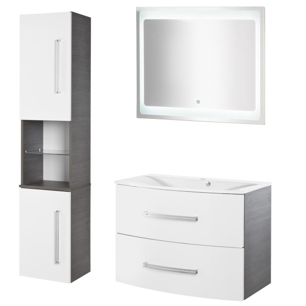 Fackelmann Badmöbel Set 4-tlg. Lugano weiß-grau Hochschrank & Gussbecken & LED Badspiegel