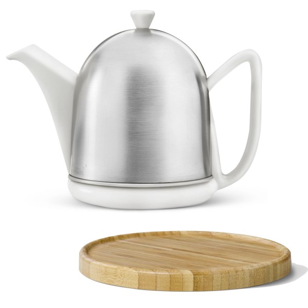 Bredemeijer weiße Keramik Teekanne mit Sieb 1 Liter matt & Holzuntersetzer braun