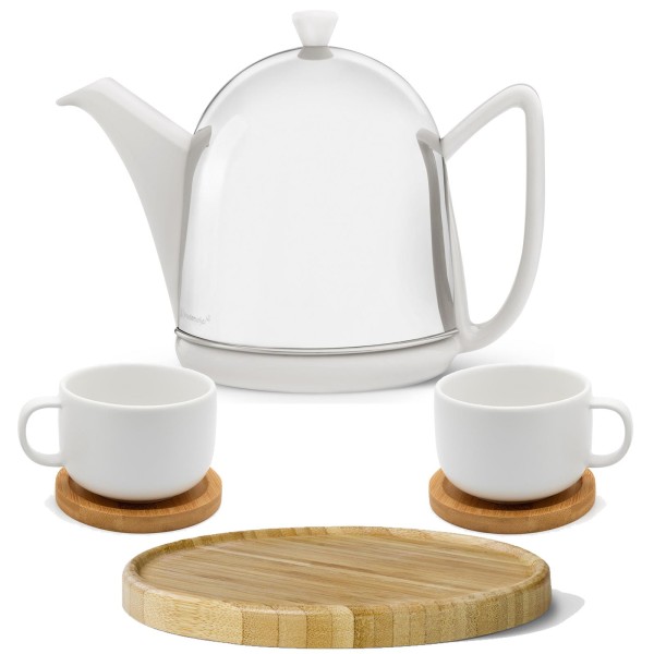Bredemeijer weiße Teekanne glänzend Keramik Set mit Teetassen inkl. Untersetzer & Kannenuntersatz braun 2