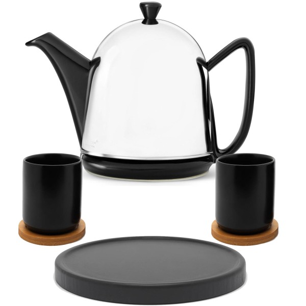 Bredemeijer schwarze Teekanne glänzend Keramik Set mit Teebecher inkl. Untersetzer & Kannenuntersatz schwarz 2