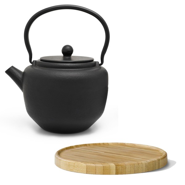 schwarzes asiatisches Guss Teekannen Set 1.3 Liter inkl. brauner Holzuntersetzer