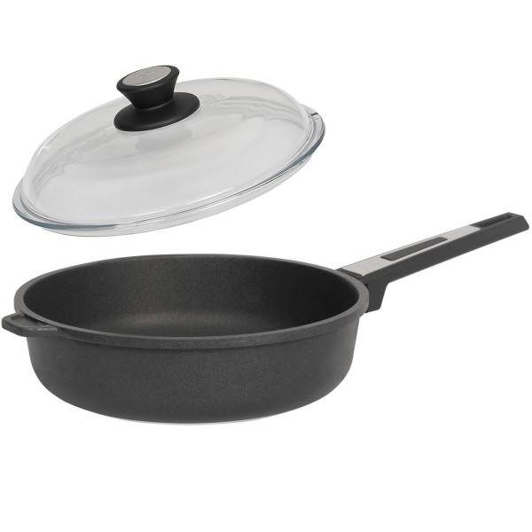 SKK Schmorpfanne 20 cm Hochrandpfanne Aluguss Antihaft beschichtet & Gegengriff Deckel Vollglas