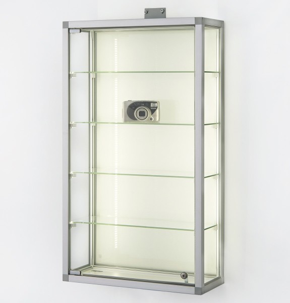 abschließbare Glas-Hängevitrine Aluminium ca. 50 cm mit Glasrückwand / mit quadratischen Profilen