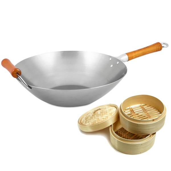 Ken Hom Antihaft Wok 36 cm Set Induktion Karbonstahl mit Holz-Griff & Dampfkorb Ø 20 cm