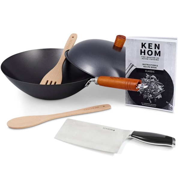 Ken Hom 6-tlg. Wok Set 31 cm mit Holzgriff beschichteter Karbonstahl & Hackmesser 18 cm