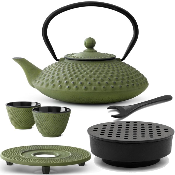 Bredemeijer grünes gusseisernes Tee-Set 1.25 Liter - Teebereiter mit Stövchen & Deckelheber & Untersetzer & Teebecher