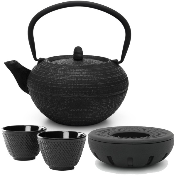 schwarze runde gusseiserne Asia Teekanne 1.2 Liter inkl. Filtersieb & Teewärmer & 2 Becher
