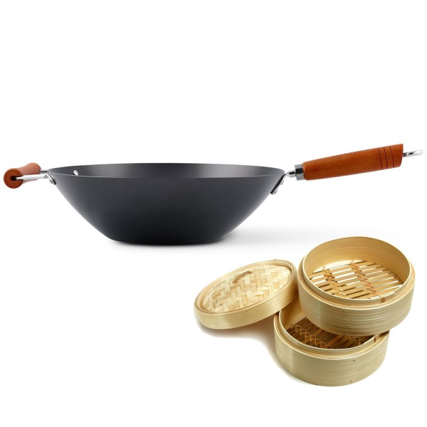 Ken Hom großer Wok 35 cm Set aus Karbonstahl mit Holzgriff & Dampfkorb Ø 20 cm