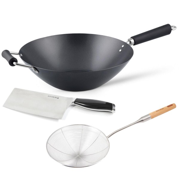 Ken Hom 3-tlg. Antihaft Wok Set Induktion 35 cm Karbonstahl mit Schaumlöffel & Hackmesser