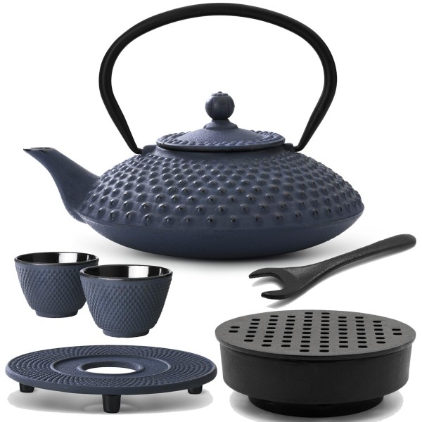 Bredemeijer blaues gusseisernes Tee-Set 1.25 Liter - Teebereiter mit Stövchen & Deckelheber & Untersetzer & Teebecher