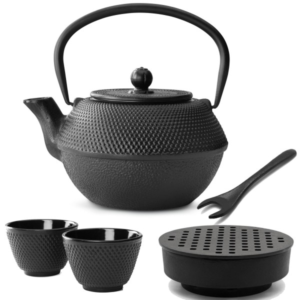Bredemeijer Asia Gusseisen Teekannen Set 1.1 Liter - Teekessel mit Deckelheber & Stövchen & Teetassen 2 Stück