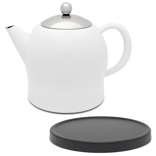 Bredemeijer weiße doppelwandige Edelstahl Teekanne 1.4 L & schwarzer Holzuntersetzer