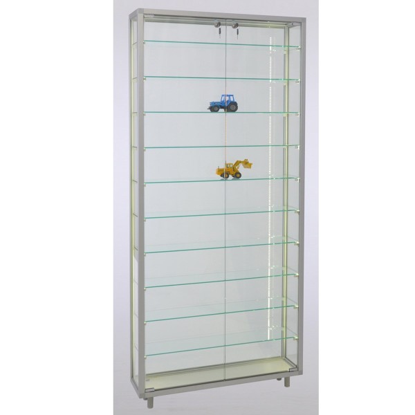 hohe Stand-Wandvitrine aus Glas für Modelle abschließbar mit LED-Beleuchtung mit Holzrückwand