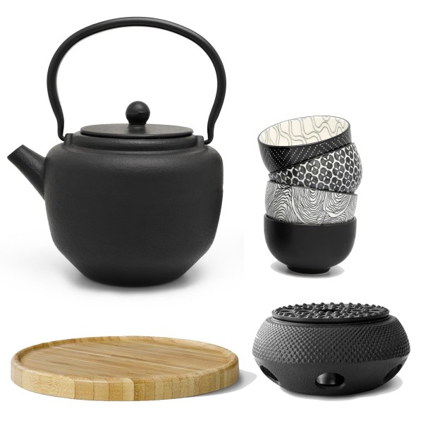 schwarzes asiatisches Guss Teekannen Set 1.3 Liter mit braunem Holzuntersetzer Stövchen & Becher