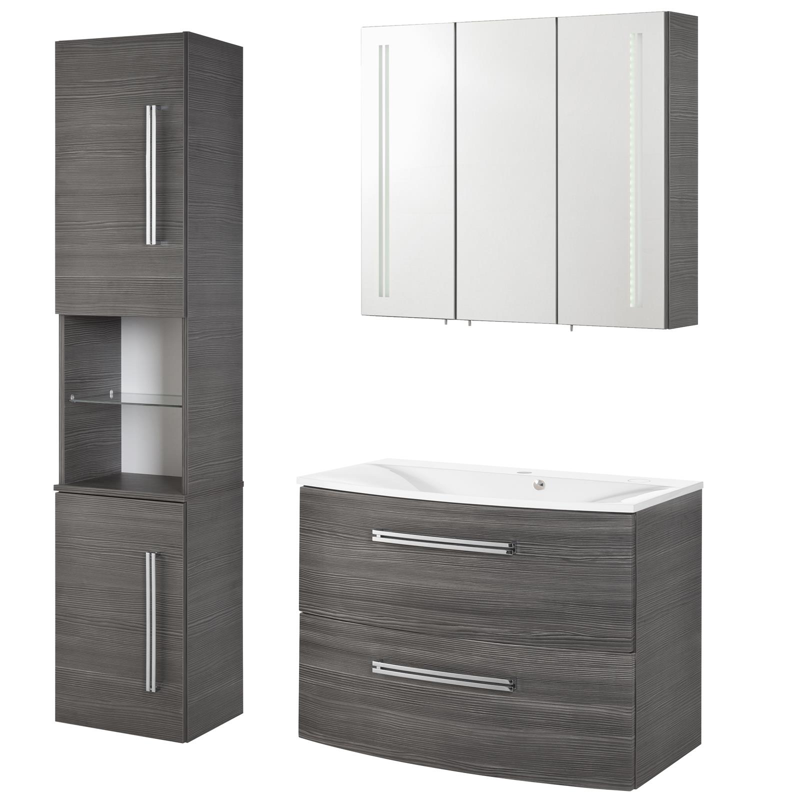 Fackelmann Badmöbel Set 4-tlg. Lugano dunkelgrau Hochschrank & Gussbecken &  LED Spiegelschrank | MM-ComSale