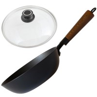 BAF Wokpfanne 24 cm Induktion Gusseisen beschichteter Wok mit Holzgriff & Glasdeckel BAF Wokpfanne 24 cm Induktion Gusseisen beschichteter Wok mit Holzgriff & Glasdeckel