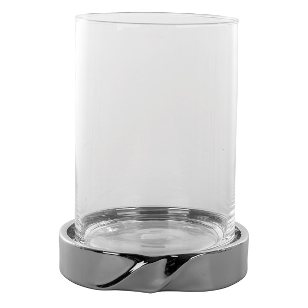 Fink großes Glas-Windlicht 31 cm Stumpenkerzenhalter Keramik-Sockel silberfarben - Art.-Nr. 128146