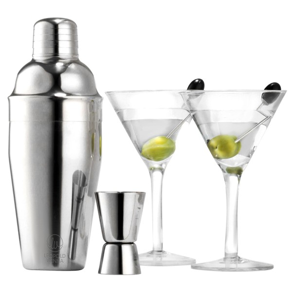 Leopold Vienna Martini Box Cocktail Set mit 4 Gläsern und Shaker aus Edelstahl 6 teilig