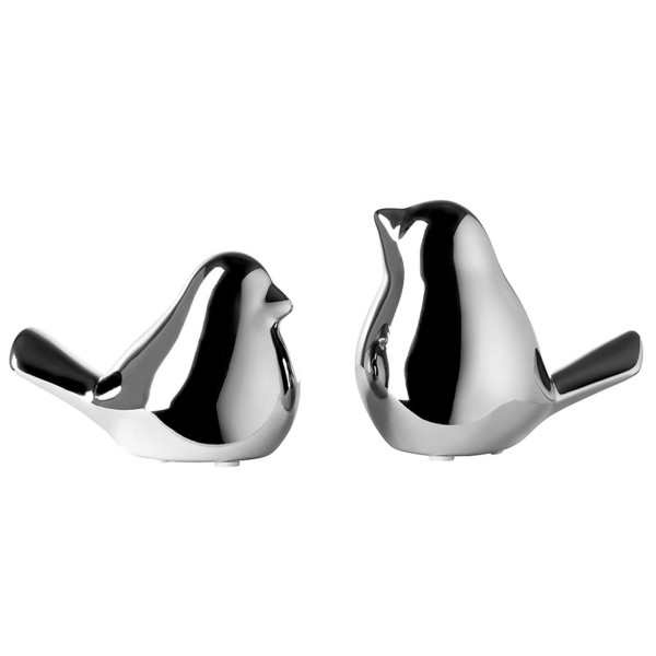 Fink Deko Vögel 2er Set 12x10 cm silbernes Vogel Paar aus Keramik als Deko im Frühling oder Ostern - Art.-Nr. 129062