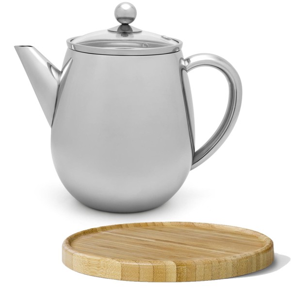 Bredemeijer silberne doppelwandige Edelstahl Teekanne 1.1 L & brauner Holzuntersetzer