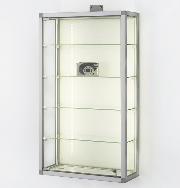 kleine Glas-Hängevitrine Alu beleuchtet & Schloß ca. 50 cm mit Glasrückwand / mit quadratischen Profilen