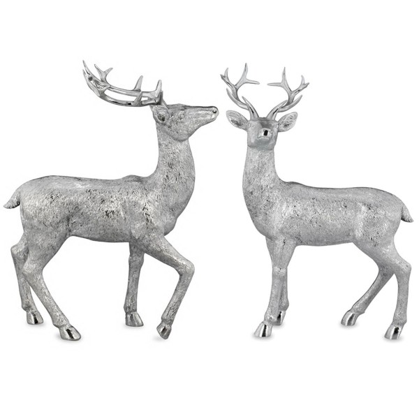 Silbernes Hirsch Paar aus Kunststein stehendes 2-teiliges Figuren Set in Felloptik
