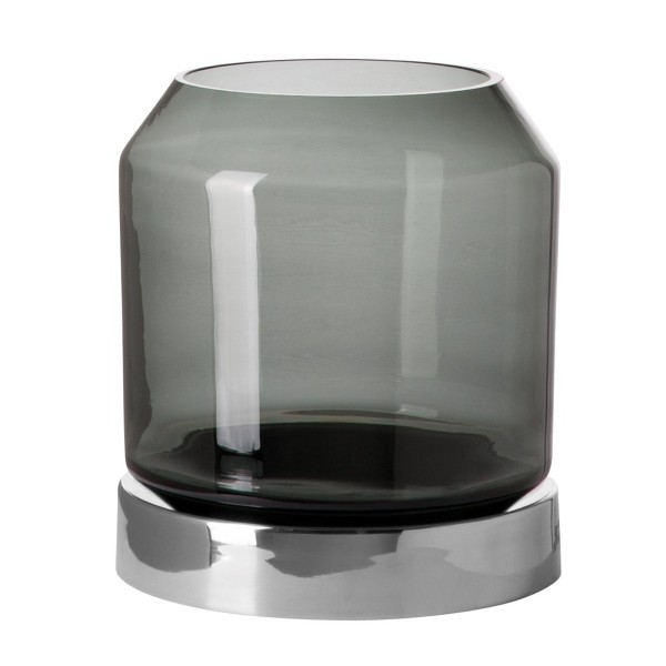Fink edles Stumpenkerzen-Windlicht 23 cm mit grauem Glas und Edelstahl-Sockel - Art.-Nr. 146261