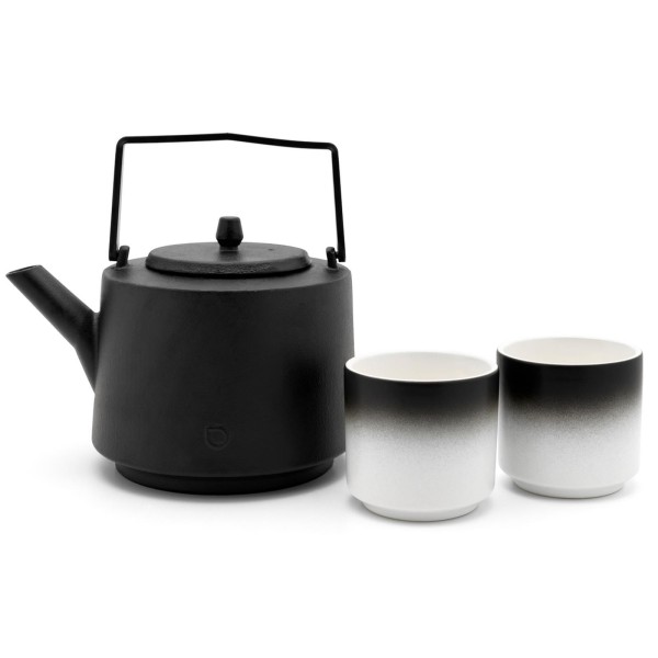 Bredemeijer 3-tlg. Teekannen Set 1.2 Liter aus Gusseisen mit 2 Porzellan Teetassen