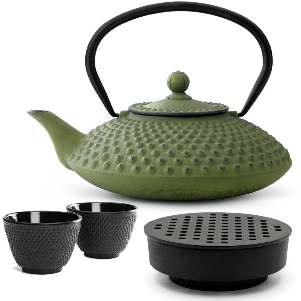 Bredemeijer gusseiserne Teekanne 1250 ml grün Teekannen Set mit Guss Stövchen & 2 Teebecher
