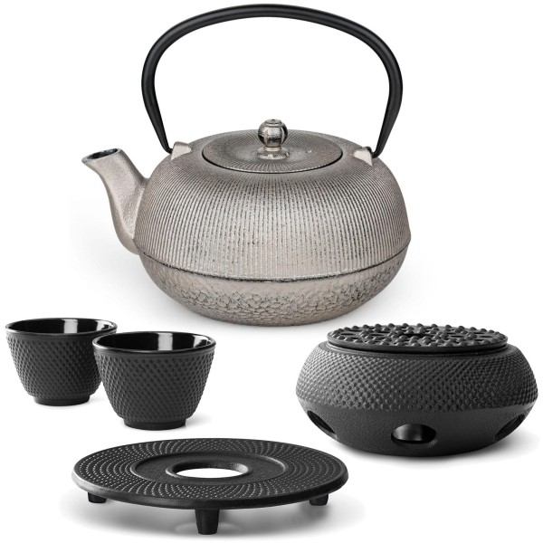 Bredemeijer Asia Teekanne 1,0 Liter Gusseisen champagne mit Untersetzer, Stövchen & Teebecher 2