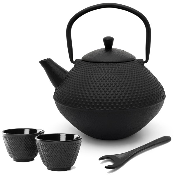Bredemeijer Gusseisen Tee Set 1.0 Liter - schwarze Teekanne mit Deckelheber & Teetassen 2 Stück
