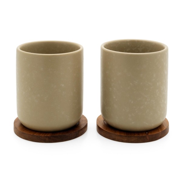Bredemeijer Teebecher Set 2-teilig beige aus Keramik je 200 ml & Holzuntersetzer